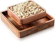 Qinyoung 1 Pcs Wood Pistachio Snack Bowl with Shell Storage Double Dish Holder Nut Bowl Pedestal for Sunflower Seeds and Snack