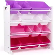 TOT Tutors (White/Pink/Purple) - Kids' Toy Storage Organiser with 12 Plastic Bins, White/Pink & Purple