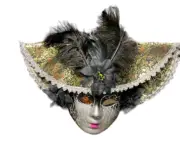 Delux Masquerade SILVER Face Mask Hat BLACK Feather Costume Halloween Mardi Gras