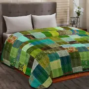 Indian Bohemian Patchwork Kantha Handmade Silk Boho King Size Bed Quilts