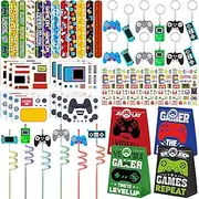 Video Game Party Favors Set 96 Pcs Game Themed Silicone Bracelets Greeting Card Tattoo Stickers Keychains Bubble Sticks Organza Gift Bags Shoes Charms Treat Box for Kids Gaming Fans Birthday Goodie Bag Fillers Video Game Party Supplies