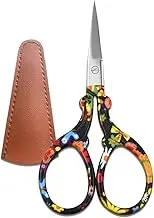 Sharp Embroidery and Crafting Scissors with Leather Cover, 3.62 inch Stainless Steel Stork Shaped Scissors for Needlework and DIY Crafts, Black Flower, J5064