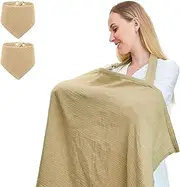 Muslin Nursing Cover for Baby Breastfeeding, Breathable 100% Cotton Breastfeeding Cover up with Arch Neckline for Women, Nursing Apron (Khaki)