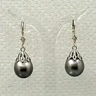 14k Yellow Gold Leverback Baroque Black Tahitian Pearl Dangle Earrings