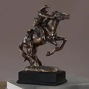 Bronze Finish Electroplated Western Cowboy Riding a Rearing Horse Statue Figurine