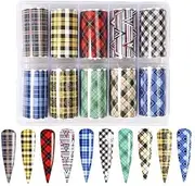 Nail Foil Transfer Stickers Plaid Design Nail Art Decals Adhesive Christmas Foil Stickers Nail Supplies for Women Girls DIY Manicure Tip Decoration Party Supplies (10 Rolls Mix Styles)