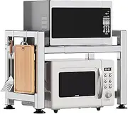 Virvia Extendable Microwave Oven Rack, Microwave Shelf Adjustable Over Microwave Stand Countertop 2-Tier Stainless Steel Organizing Rack with 4 Hooks for Kitchen Utensils Tableware Storage