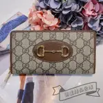 二手精品 GUCCI 古馳 馬銜扣1955 復古金扣 老花LOGO 帆布拼皮 長款拉鏈錢包 621889 實拍免運