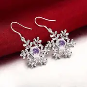 Purple Crystal Frozen Snowflake Silver Drop Dangle Pierced Earrings Women�s Gift
