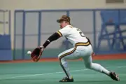 Third baseman Jim Morrison Pittsburgh Pirates back hands a batted - Old Photo