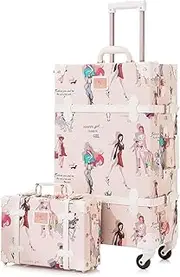[VONGAZ] Suitcase Luggage 2 Piece Vintage Suitcase Set,Cute Travel Luggage with 12" Handbag, Hardside Faux Leather Carry On Luggages Suitcases (Color : A, Size : 26"+12")