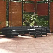 Patio Furniture Sets 13 Piece Garden Lounge Set with Cushions Black Solid Pinewood