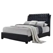 Design Square Designer Modern Faux Leather Bed Frame W/ Tufted Headboard Double Size - Black
