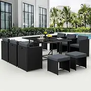 ALFORDSON Outdoor Dining Set Patio Furniture 11pcs Conversation Set, Wicker 11 Pieces Lounge Chair & Glass Top Table Setting, Steel Frame Garden Rattan Armchair with Cushions, Black