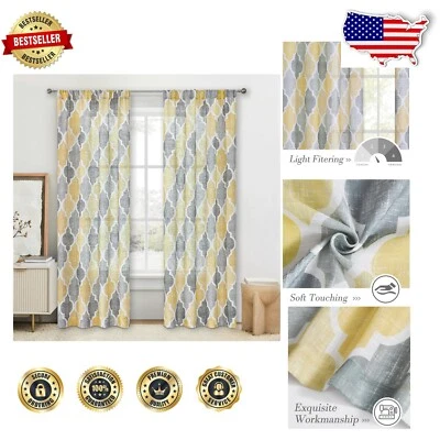 Rustic Farmhouse Semi-Sheer Curtains - 84 Inches Long, Yellow & Grey Panels