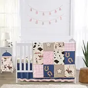 Sweet Jojo Designs Western Cowgirl Girl Baby Crib Bedding Set Infant Nursery Room Blanket Fitted Sheet Skirt Diaper Stacker 4p Wild West Cow Print Vintage Bandana Patchwork Animal Southwest Blue Pink