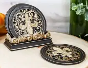 Western Tuscany Fleur De Lis Carved Scroll Art Beverage Coaster Set & Holder