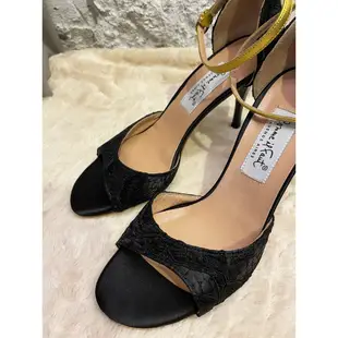 Comme il faut 阿根廷探戈舞鞋Argentine Tango Shoes /晚宴鞋/高跟涼鞋-黑色蕾絲黃繫帶