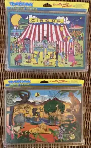 VTG 94’ Tom O Hawk Double Sided Wooden Puzzles Set Of 2 Made In UK Circus/jungle