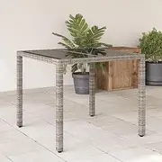 Garden Table Outdoor Patio Dining, Grey Poly Rattan, Glass Top, Extendable Wood, Foldable Kitchen for Outside, 90x90x75 cm