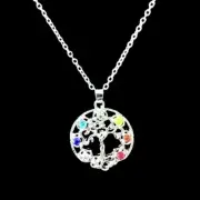 Tree of Life Pendant w/many Different Colored Stones on Silver-plated Chain