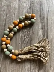 Handmade Wood Bead Garland with Tassels Natural, Orange, Brown & Green Fall