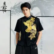 Chinese Style Crane Embroidery Sleeveless Mesh Vest Mens T Shirts 2pcs Sets Size
