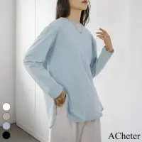 在飛比找momo購物網優惠-【ACheter】日系新品寬鬆優質親膚純色長版長袖圓領棉T上