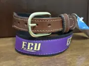 ECU Ribbon Belt Leather Canvas Brass Sz 26 1.25”Wide NWT