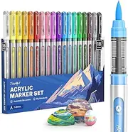 JusArt Acrylic Paint Markers Brush Tip 18 Colors, Water Based Acrylic Markers with Automatic Ink Control System, Waterproof Acrylic Paint Pens for Rock Painting, Wood, Fabric, Egg
