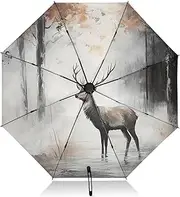 [PDZRMY] Deer Forest UV Protection Travel Umbrella Compact for Rain and Sun - Auto Open and Close UPF 50+ Windproof Portable 46” Sun Umbrella for Women and Men