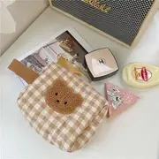 Casopic - Bear Applique Plaid Makeup Bag / Toiletry Bag Makeup Bag - Plaid - Brown & White - One Size