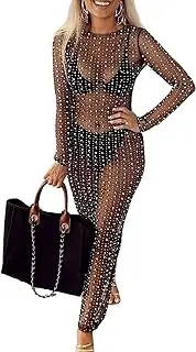 [Generic] Sexy Women Pearl Dress Sheer Mesh Pearl Rhinestone Cover up Dress Beach Bikini Coverups Black S Swimwear Cover Ups Pearl Cover Up Dress Beach Cover Up Bikini Cover Up for Women