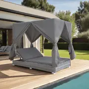 Outdoor Lounge Bed with Curtains Poly Rattan Grey vidaXL