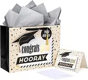 LeZakaa 16" Large Gift Bags with Tissue Paper, Trencher Cap Gift Tag and Greeting Card, Trencher Cap and Congrats Grad Design for Graduation
