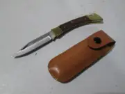 Small Folding Hunters Lock Knife Brass and Wood Handle with Pouch