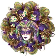 Mardi Gras Woman Wearing Mask Wreath Handmade Deco Mesh