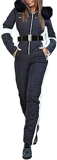 [ZHUER] Womens Winter Onesies Ski Suit Jumpsuit Fashion Hooded Outdoor Sports Waterproof Snowsuit with Removable Fur Collar