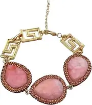 LAnGSHAW 24x29mm Faceted Teardrop Pink Jade Rhinestone Pave Chain Beads Bracelet