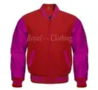 Baseball Varsity Letterman Bomber Red Wool & Genuine Pink Leather Sleeve