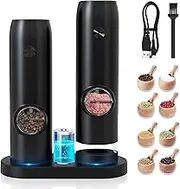 Electric Salt and Pepper Grinder Set, Rechargeable Pepper Grinder with Charger Tray, USB Cable, One Hand Operation, Adjustable Coarseness with Ceramic Grinder, ABS Body, (Set of 2,Black)