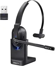 EKSA Bluetooth Headset, Wireless Headsets with AI-Powered Environmental Noise Cancelling Microphone, Fast Charging Base, 45Hrs Bluetooth Headphones with Mute & USB Dongle for PC/Trucker/Work/Phone