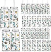 Qinyoung 24 Pcs Western Cowgirl Cowboy Plastic Tumbler 14.2 oz Reusable Cups with Lids and Straws Beer Can Iced Coffee Cup for Preppy Party Decoration Women Cowgirl Gift (Blue)