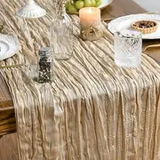 Usinynia 2 Packs Chiffon Table Runner Boho Cheesecloth Gauze Table Runners Wrinkle Boho Rustic Tablecloth for Wedding Valentines Party Romantic Table Decoration (Khaki,90x300cm)