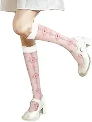 [Benefeet Sox] Womens Girls Lace Fishnet Knee High Stockings Pink Bow Cute Fancy Sheer Mesh High Tube Long Knee High Socks