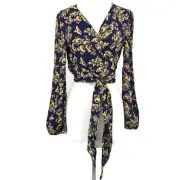 New Flynn Skye That's a Wrap Crop Top Womens M Twilight Navy Blue Yellow Floral