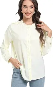 [SUNNOW] Womens Beige Button Up Shirt Long Sleeve Ruffle Collar Blouse Casual Tops with Ruffle Details on Shoulders