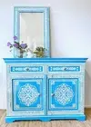 Antique Indian Bone Inlay Blue Hand Painted Buffet Moroccan Sideboard Cabinet