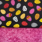 Lot 1.5 Yard Cotton Fabric Multicolor Easter Eggs on Black & Magenta Pink Batik