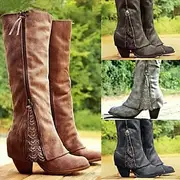 Women's Vintage Western Boots with Lace Detailing and Side Zipper, Mid-Calf Suede Boots for Casual and Country Style